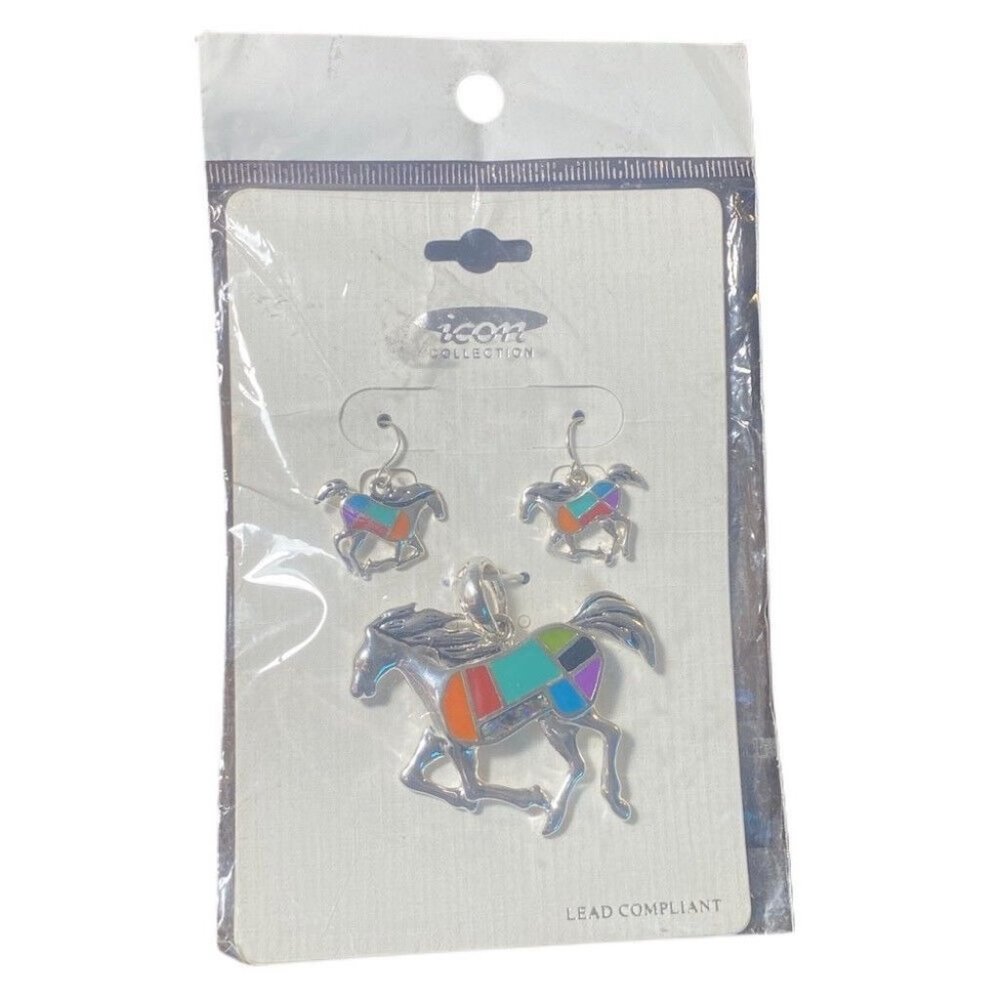 Western Rodeo Horsesilver & colored  enamel earrings with matching pendent NEW!